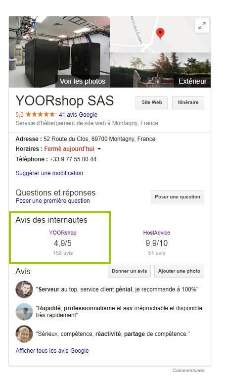 Avis, et Evaluations officielles reconnues par Google